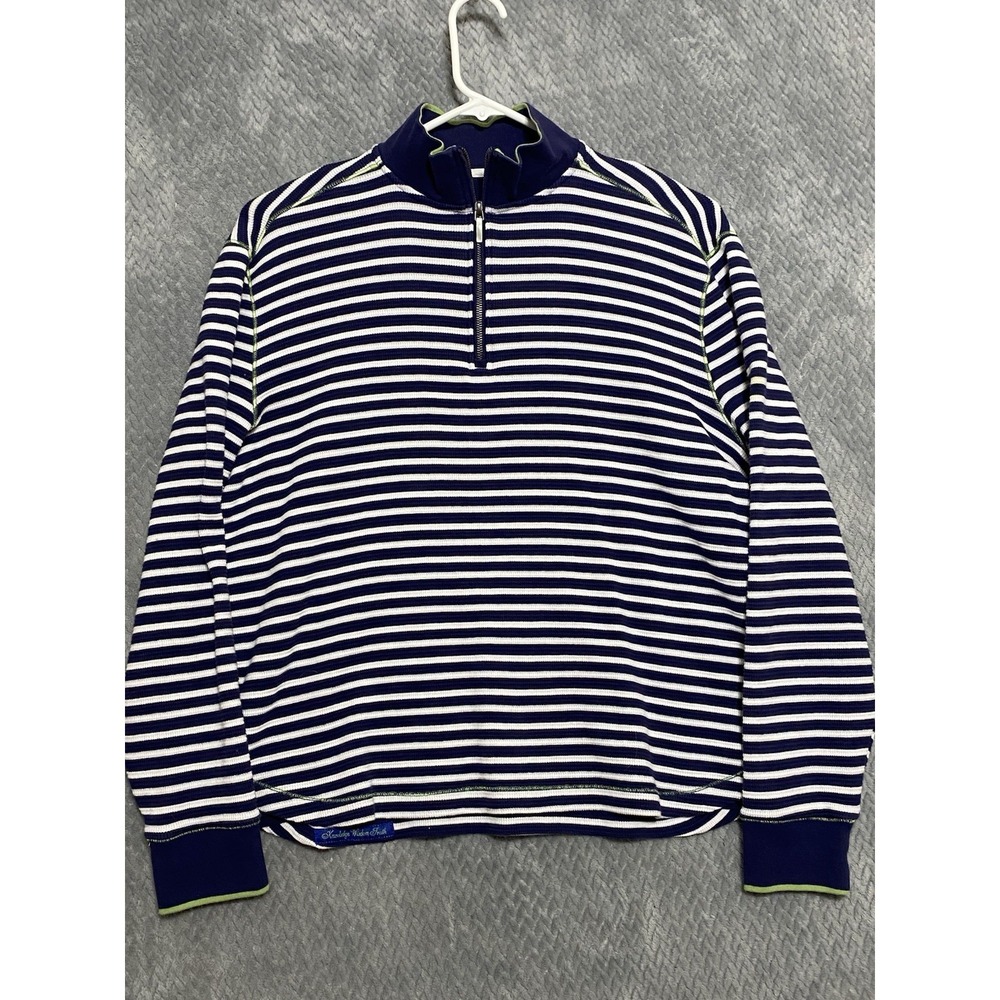ROBERT GRAHAM 1/4 Zip Pullover Sweater Mens LG Classic Fit Blue White Stripe